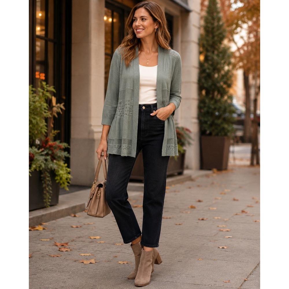 Lety & Me Womens Medium Sage Green Pointelle Lace Knit Cardigan Open Front Boho